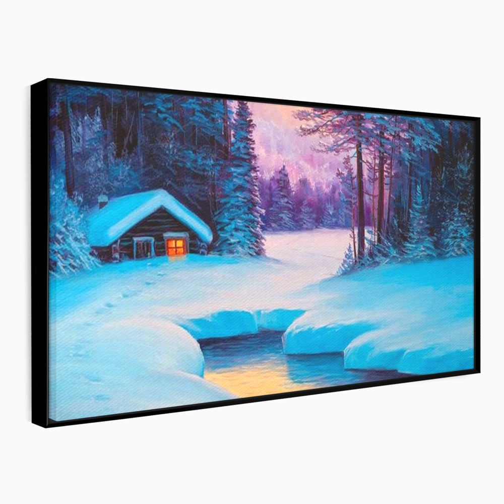 Tablou canvas cu pictura cu cabana inzapezita si parau, in rama de aluminiu negru